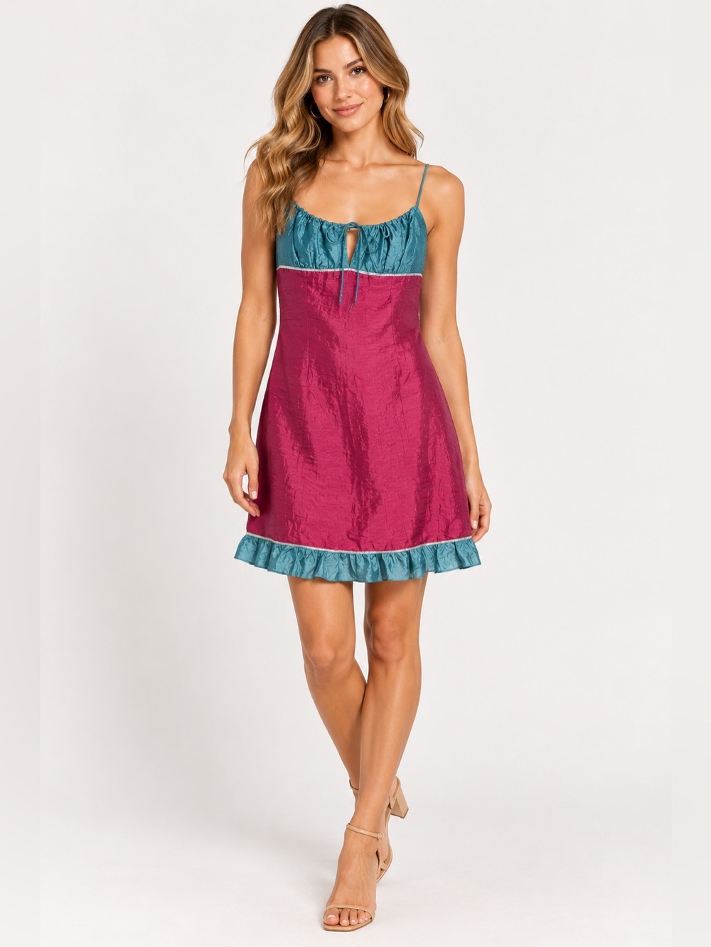 ABS by Allen Schwartz Vintage Pink & Teal Milkmaid Tie Front Slip Dress Sz. 4